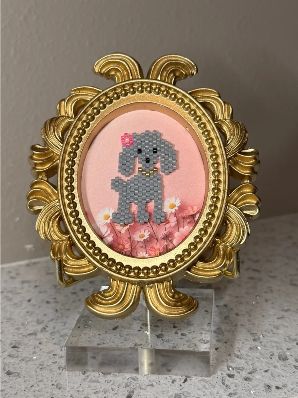 Mini Beaded Poodle Art in Gold Frame – Handmade Dog Decor - Picture 3 of 4